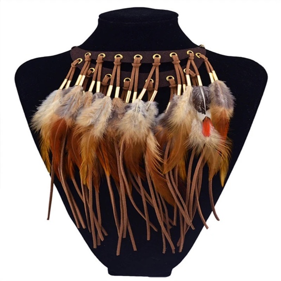 Boho Leather Full Feather Statement Necklace - Picture 4 of 5